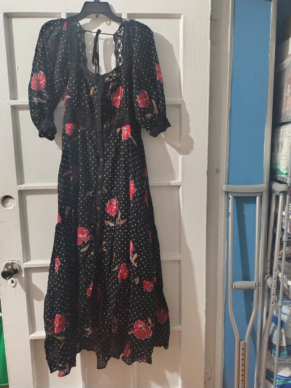 Black Maxi Dress with Red Floral Print and Polka Dots